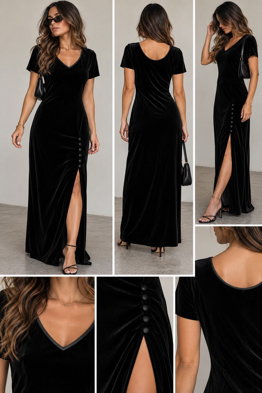 Vintage Jacqueline Ferrar Black Velvet Maxi Dress 12 V Neck Slit Whimsigoth 90s